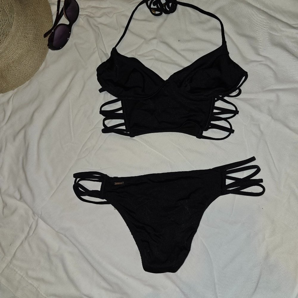 Victoria's Secret' Sexy Black Strappy String Bikini Top L Bottoms M - Picture 2 of 8